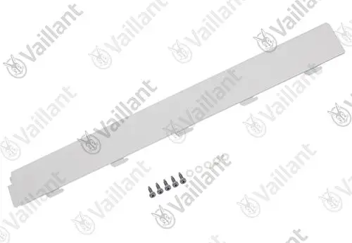 Vaillant Seitenblech in Weiß mit sechs Schrauben, dargestellt auf neutralem Hintergrund. Das Produkt hat eine flache, schmale Form.